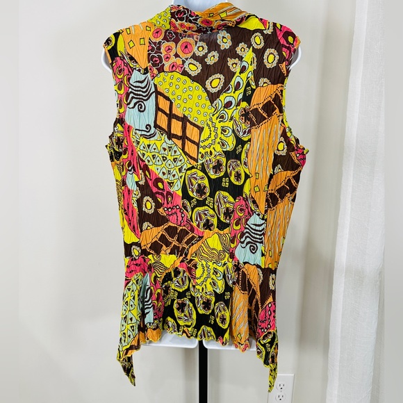 Sleeveless Multicolor Print Abstract Print Crinkle Pleated Button Down Top Sz XL - Picture 4 of 4